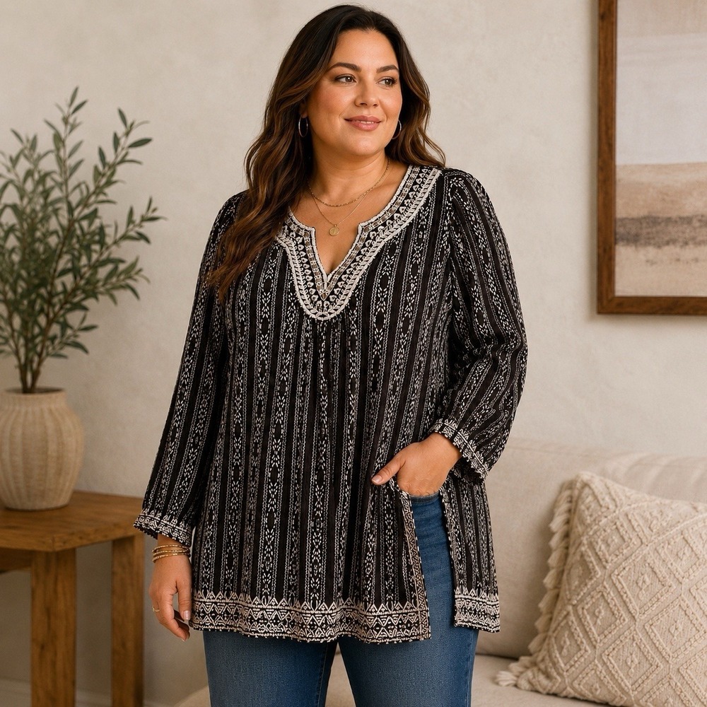 Lucky Brand 2X Boho Tunic Top Viscose Linen Embroidered Black Ivory Plus